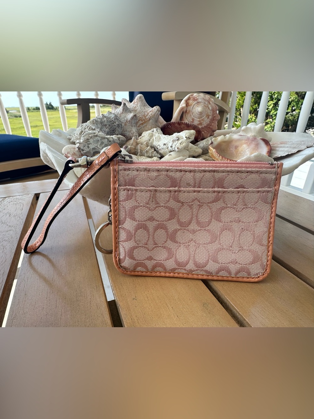 Coach Peach/Pink Fabric Leather Wristlet Card Holder with Keychain